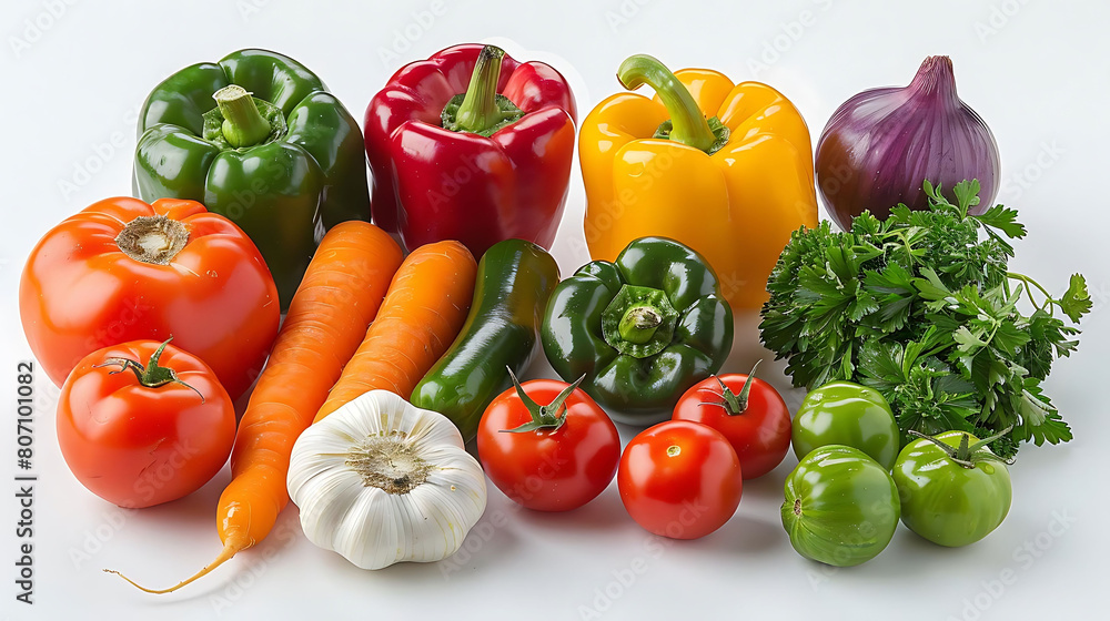 assortment of colorful fresh vegetables, including green peppers, red peppers, orange carrots, and a red tomato, arranged on a transparent background
