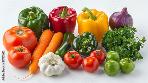 assortment of colorful fresh vegetables  including green peppers  red peppers  orange carrots  and a red tomato  arranged on a transparent background