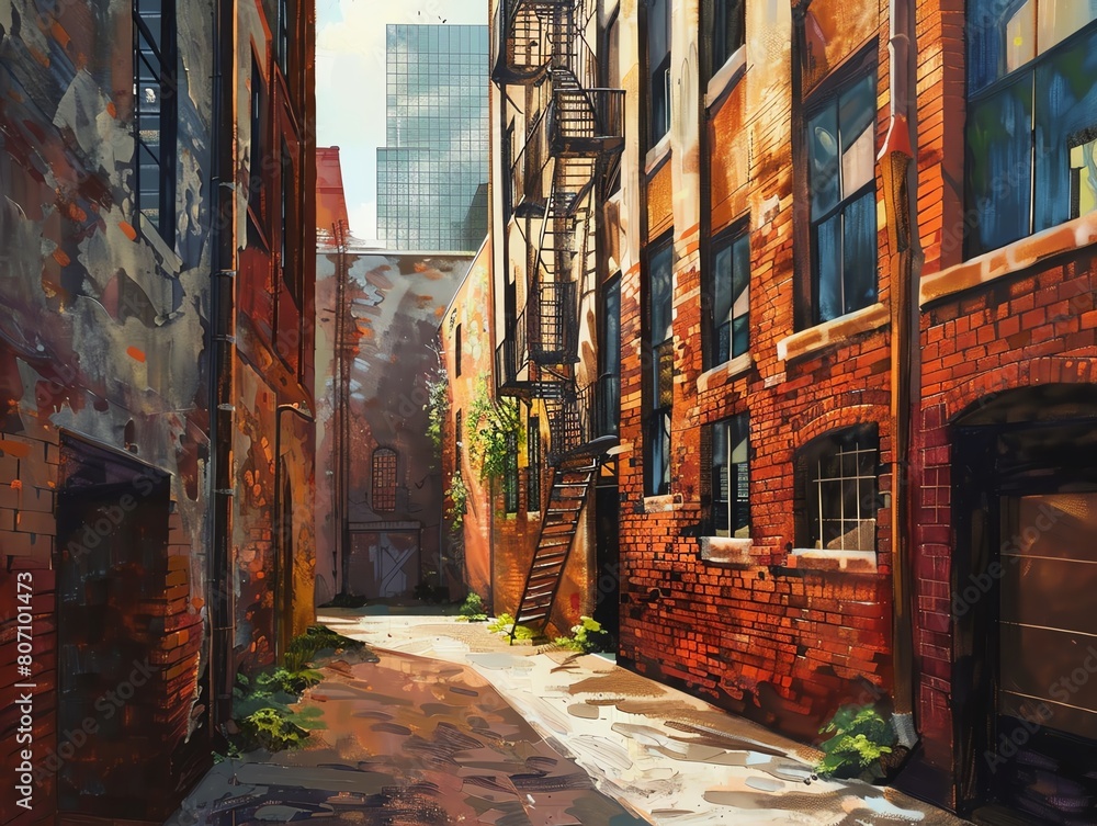 Fototapeta premium Create an oil painting-style panoramic artwork of a quiet urban alleyway
