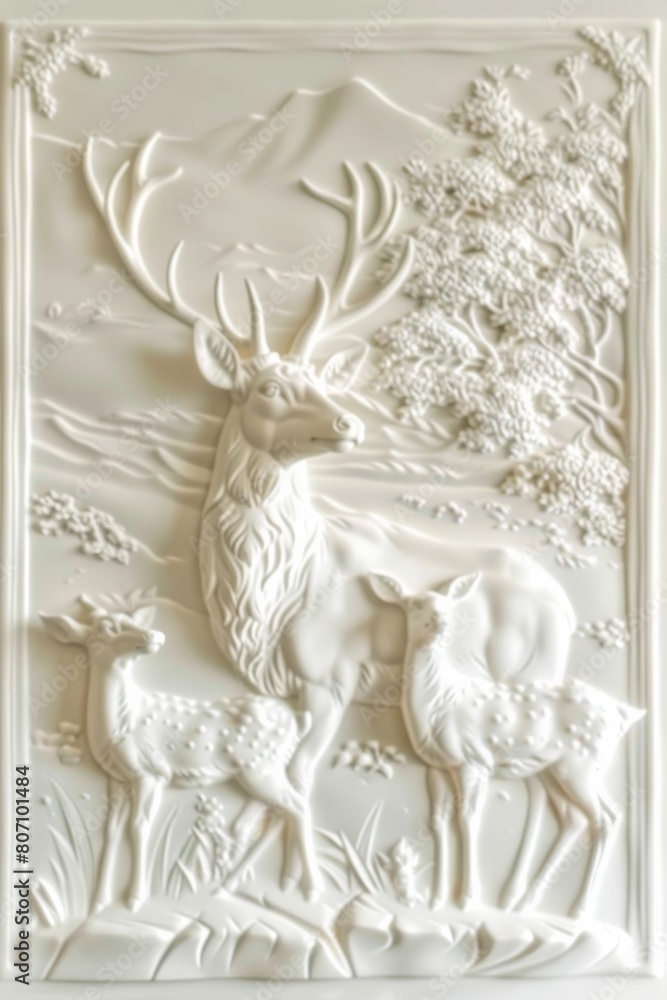 Wall decoration with white relief stucco, family of deer Wall decoration with white relief stucco, family of deer
