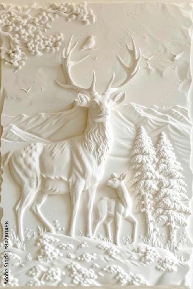 Wall decoration with white relief stucco, family of deer