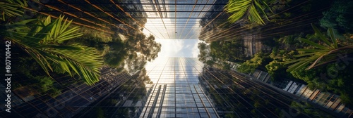 Perspective shot gazing upwards through tall glass buildings adorned with lush green plants towards a clear blue sky photo