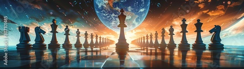 A surreal artwork showing a giant chessboard with human figures as pieces, each making a different stock market move, symbolizing strategic trading techniques photo