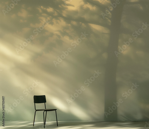 minimalism photograph of Muted color photo of a foggy tree wall mural, with Focus on sharply photographed chair.Minimal creative interior and nature concept