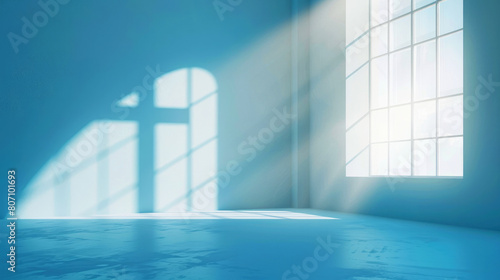 Fototapeta Naklejka Na Ścianę i Meble -  3d render of an empty room with window and rays of light, shadow of christian cross on the wall. 