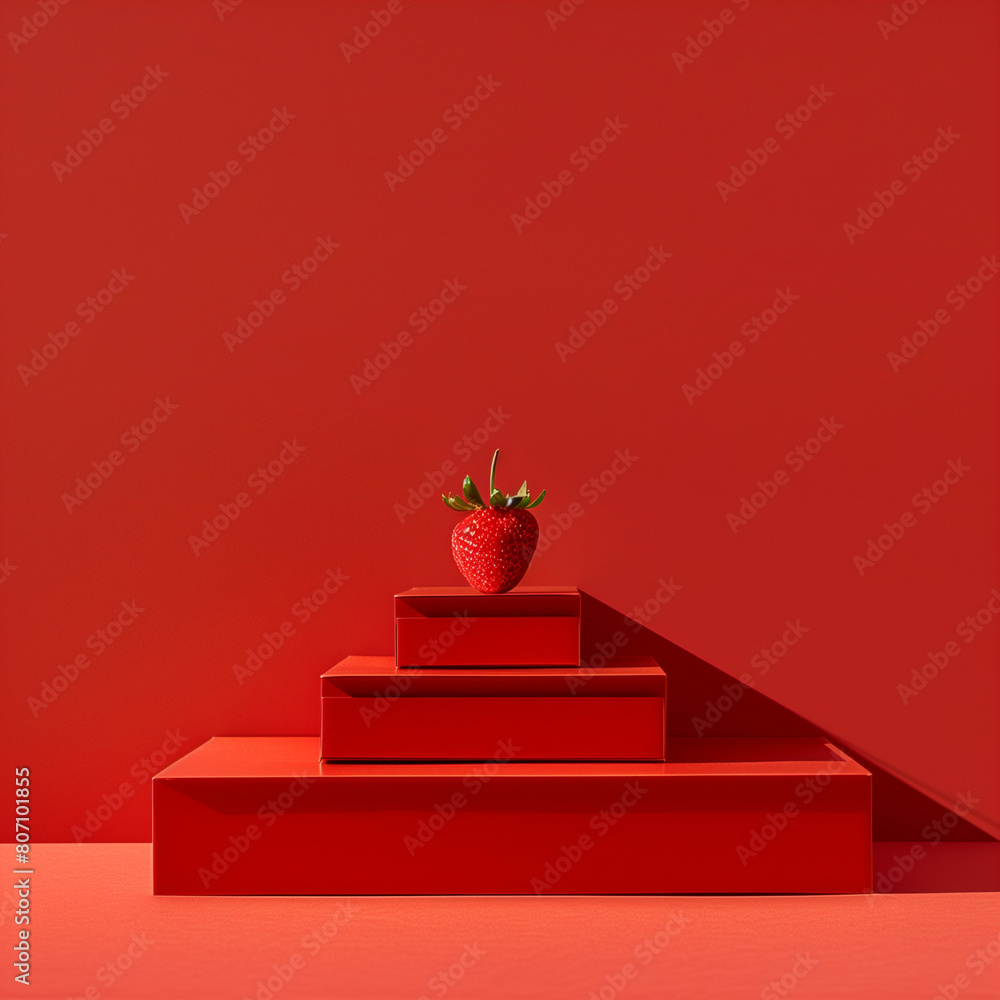 Minimalistic photograph of strawberry on a stepped red pedestal.Minimal creative nature and art concept Minimalistic photograph of strawberry on a stepped red pedestal.Minimal creative nature and art concept