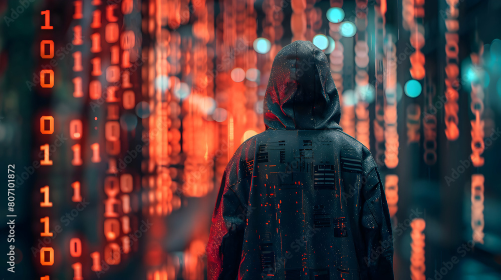Digital Vigilance: Photo Realistic Hacker Surrounded by Binary Code Concept