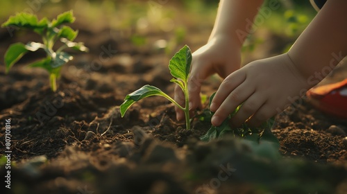 Kid child hands take care of plant vegetables on soil ground sun light shine through