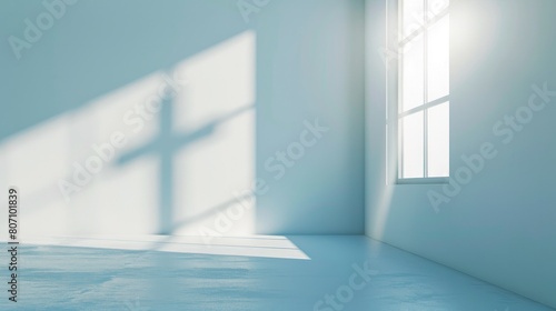 White empty room with window and rays of light, cross shadow on the wall. 3d rendering