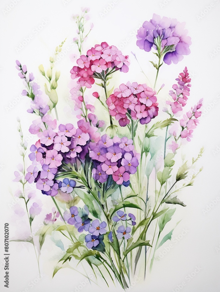 Fototapeta premium Fresh and airy watercolor painting of freesias and asters, blooms signifying friendship set against a serene white backdrop , against pur white background