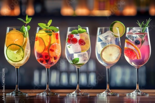  Five colorful gin tonic cocktails in wine glasses on bar counter in pup or restaurant. 