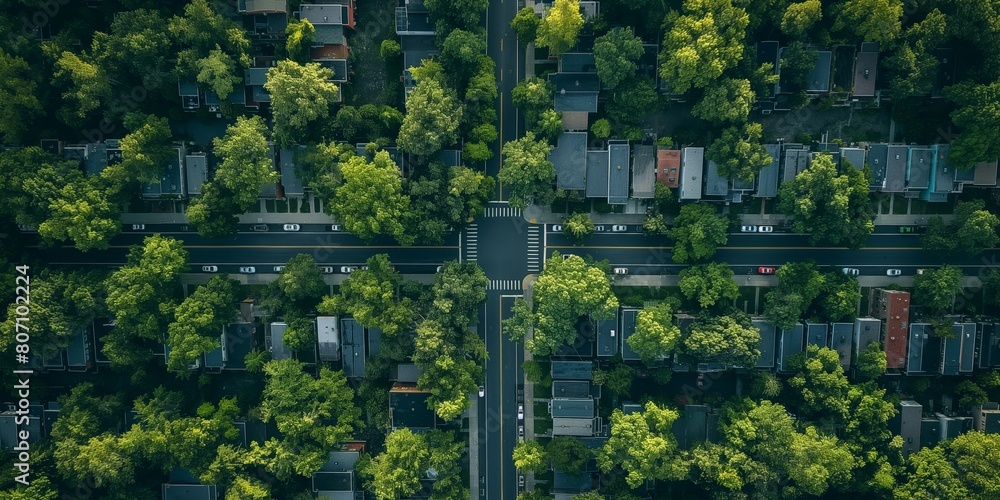 A bird's-eye view showcases a geometrically pleasing urban landscape with streets intersecting amid residential houses A bird's-eye view showcases a geometrically pleasing urban landscape with streets intersecting amid residential houses