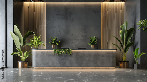 front desk office lobby with plant and stairs interior render 3d vector photo