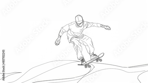 Olympic Sports. Skateboarding. Skateboarder in action, extreme sport. Vector illustration. Continuous line drawing. 