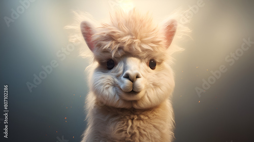 Portrait of cute white alpaca on the background of blue sky Llama © Chaudary