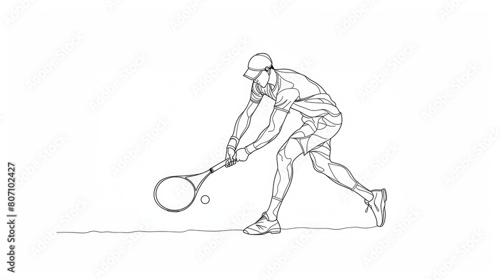 Olympic Sports. Tennis. Tennis player with racket and ball, one line drawing vector illustration.