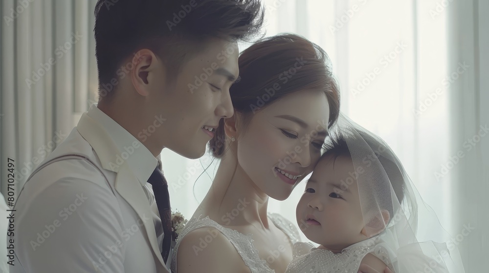 A man, a woman, and a baby dressed in white pose for a photograph The man wears a suit and tie A man, a woman, and a baby dressed in white pose for a photograph The man wears a suit and tie