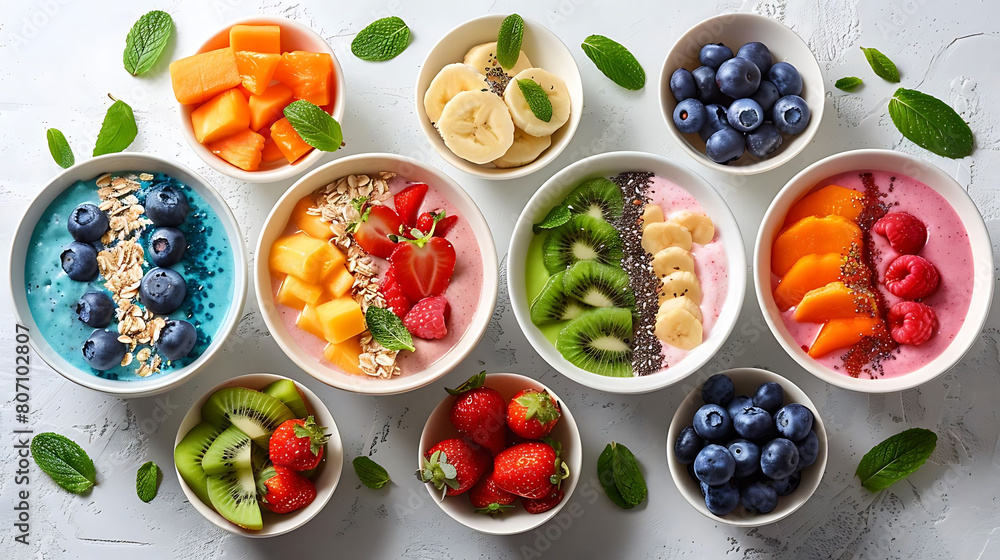 assortment of colorful smoothie bowls with fresh fruit toppings, including sliced kiwi, blueberries, and strawberries, arranged on a transparent background with a green leaf in the background