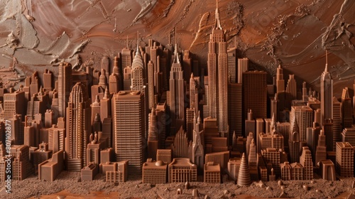 Chocolate city with skyscrapers. Town made of chocolate. Sweet urbanism