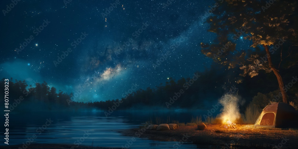 A tranquil night scene with a campfire and tent by a lake under the mesmerizing starry sky A tranquil night scene with a campfire and tent by a lake under the mesmerizing starry sky
