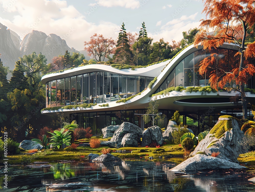 Illustrate a frontal view of a futuristic health and wellness center within a surreal