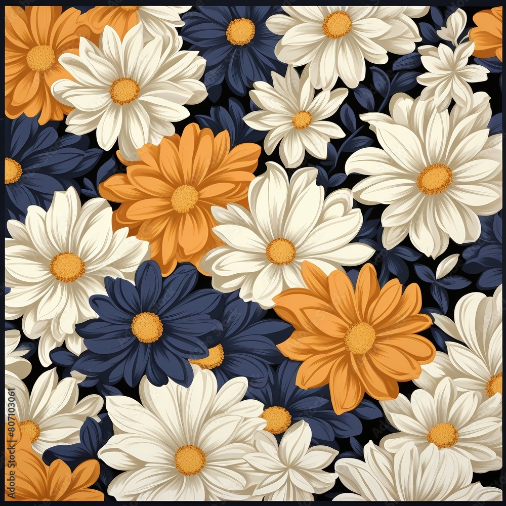 A beautiful pattern of colorful daisies on a dark background. A beautiful pattern of colorful daisies on a dark background.