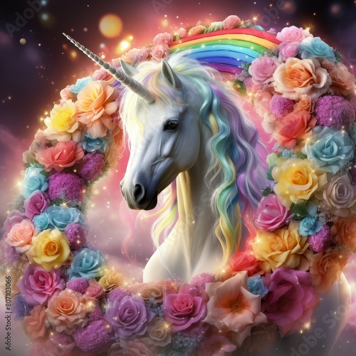 A beautiful unicorn with a rainbow mane stands in a field of flowers. photo