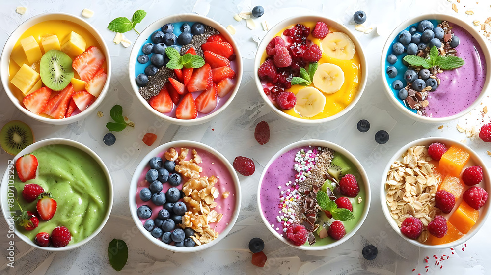 assortment of colorful smoothie bowls with fresh fruit toppings, including sliced strawberries, blueberries, and raspberries, arranged in a row from left to right the bowls are