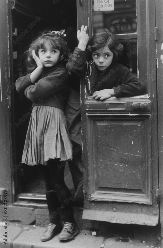 Vintage black and white photograph of children standing in front of a building.Minimal creative fun concept.