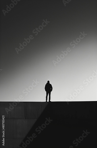 Minimalistic black and white photograph of a man walking on the edge of a building.Minimal creative urban and risk concept.