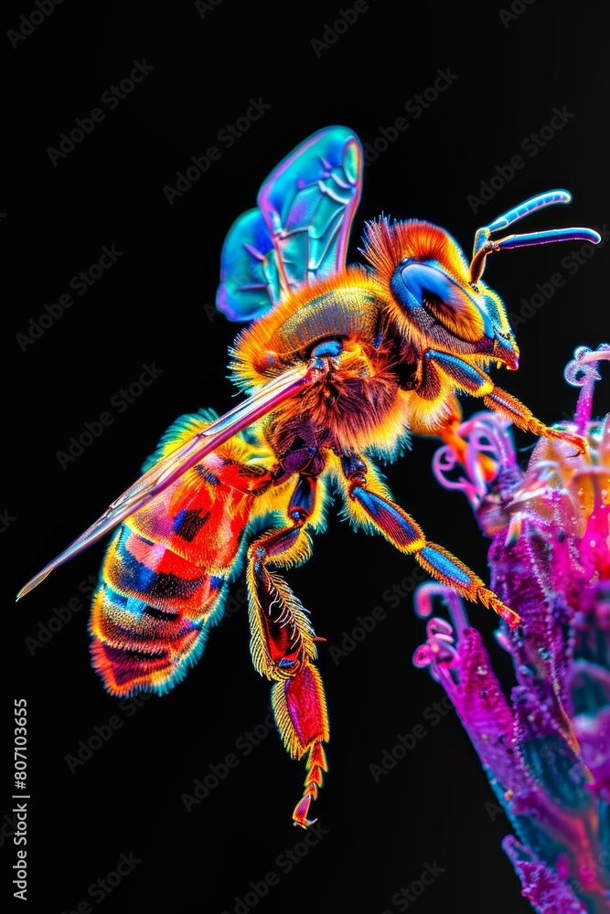Fototapeta premium flat honey bee, mysthic colours, black background