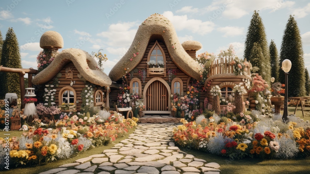 Fototapeta premium Thatched roof cottage with a stone path leading up to it. The cottage is surrounded by flowers and greenery.