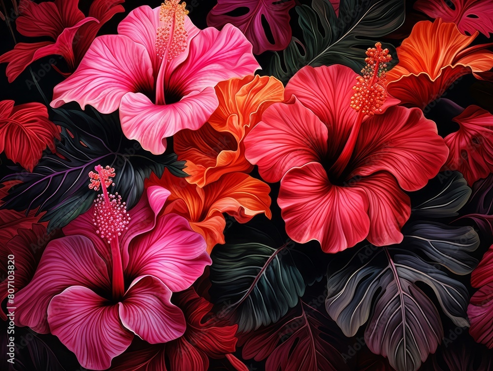 The image is a beautiful depiction of a tropical flower garden The image is a beautiful depiction of a tropical flower garden