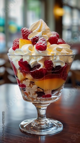 fruit dessert with white whipped cream on top. French restaurant-patisserie blurred background.