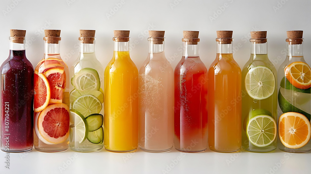 assortment of freshly squeezed juices in glass bottles, including orange, grapefruit, lemon, and lime, displayed against a white wall assortment of freshly squeezed juices in glass bottles, including orange, grapefruit, lemon, and lime, displayed against a white wall