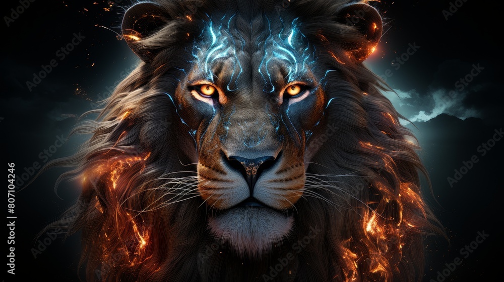 The image shows a lion's face with fire around it. The lion is staring at the viewer with its mouth open and its teeth bared. The background is dark and smoky.