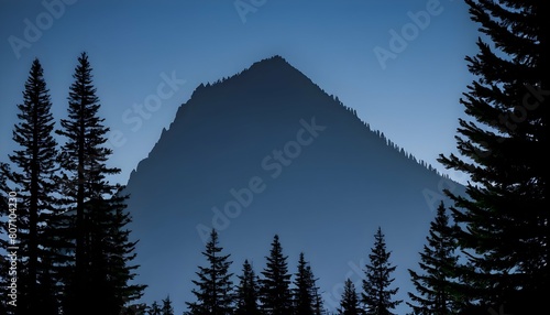 A mountain silhouette framed by towering evergreen upscaled 4
