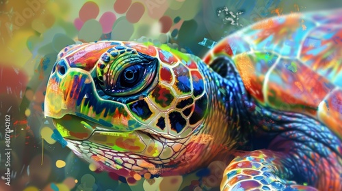 Vibrant explosion of colors in an artistic sea turtle portrait evokes a sense of movement and life