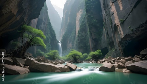 A tranquil waterfall flowing through a canyon of j