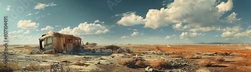 Infuse a wide-angle shot of a desolate wasteland with surreal colors and shapes