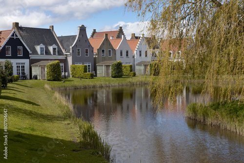 Houses and canal at Eson Stad. Eson city. Friesland Netherlands. Replica city. Lauwerszee. Lauwersoog. Waddenzee. 