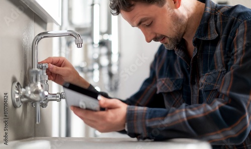 plumber at work fixing sink, home owner, DIY, using phone, how-to, virtual customer service, online plumbing help for dripping sink clogs installing new faucet