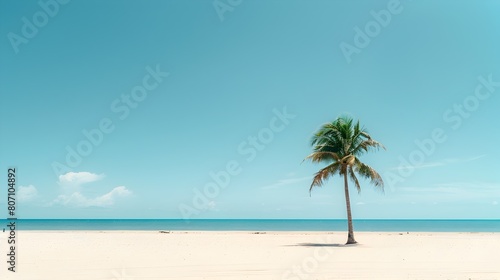 Peaceful Tropical Beach Scene with Distant Coconut Tree and Soft Blue Tones photo