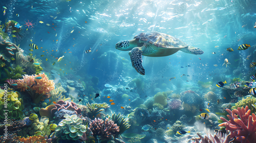Fototapeta premium Beautiful underwater scenery is revealed, with sunlight penetrating the water and large coral reefs decorating the landscape