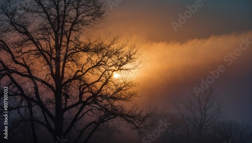 Witness nature s painting  sunset streaks piercing through dense fog  casting an ethereal glow and adding mystique to the evening sky.