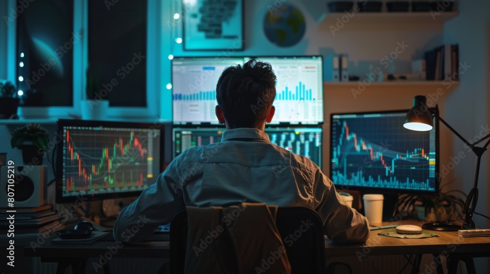 A trader studying stock market charts and graphs in a home office setup, highlighting the flexibility of remote trading and analysis. A trader studying stock market charts and graphs in a home office setup, highlighting the flexibility of remote trading and analysis.