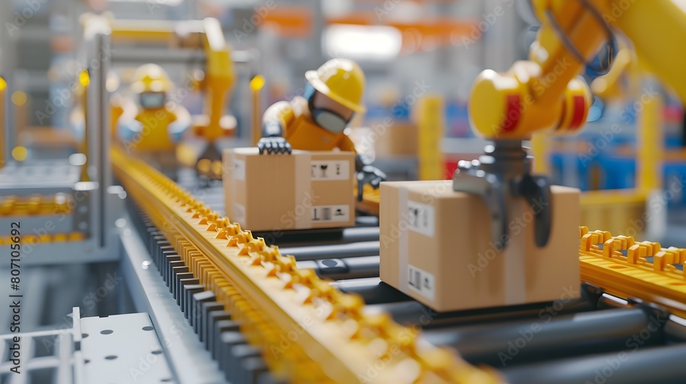 Fototapeta premium Automated Logistics Production Line with Robotic Arm and Conveyor Belt System