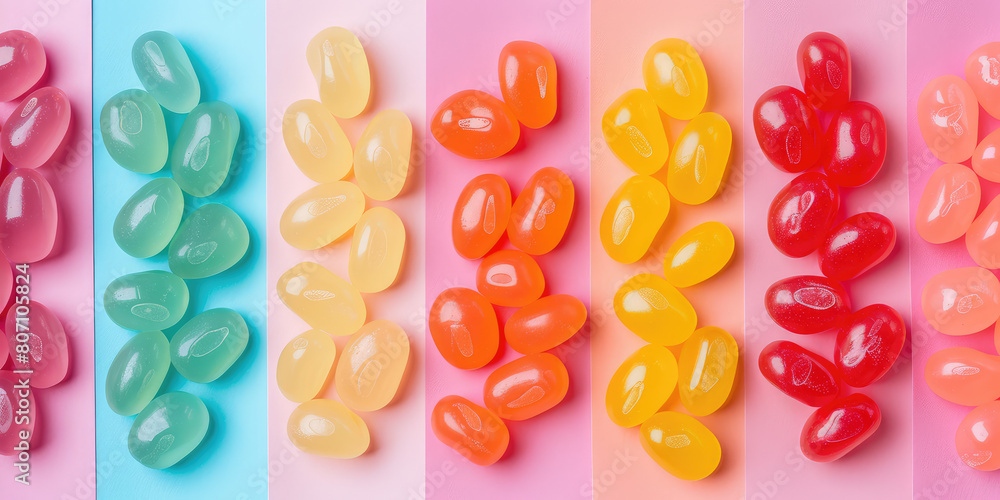 Minimalistic wallpaper background with multicolored Jelly beans in a pastel color palette.