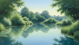 A tranquil pond reflecting gradients of sky blue a upscaled 4