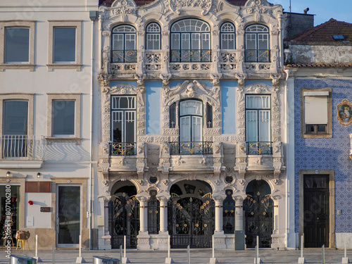 Art nuveau buildings in Aveiro pictoresque village street view, The Venice Of Portugal photo